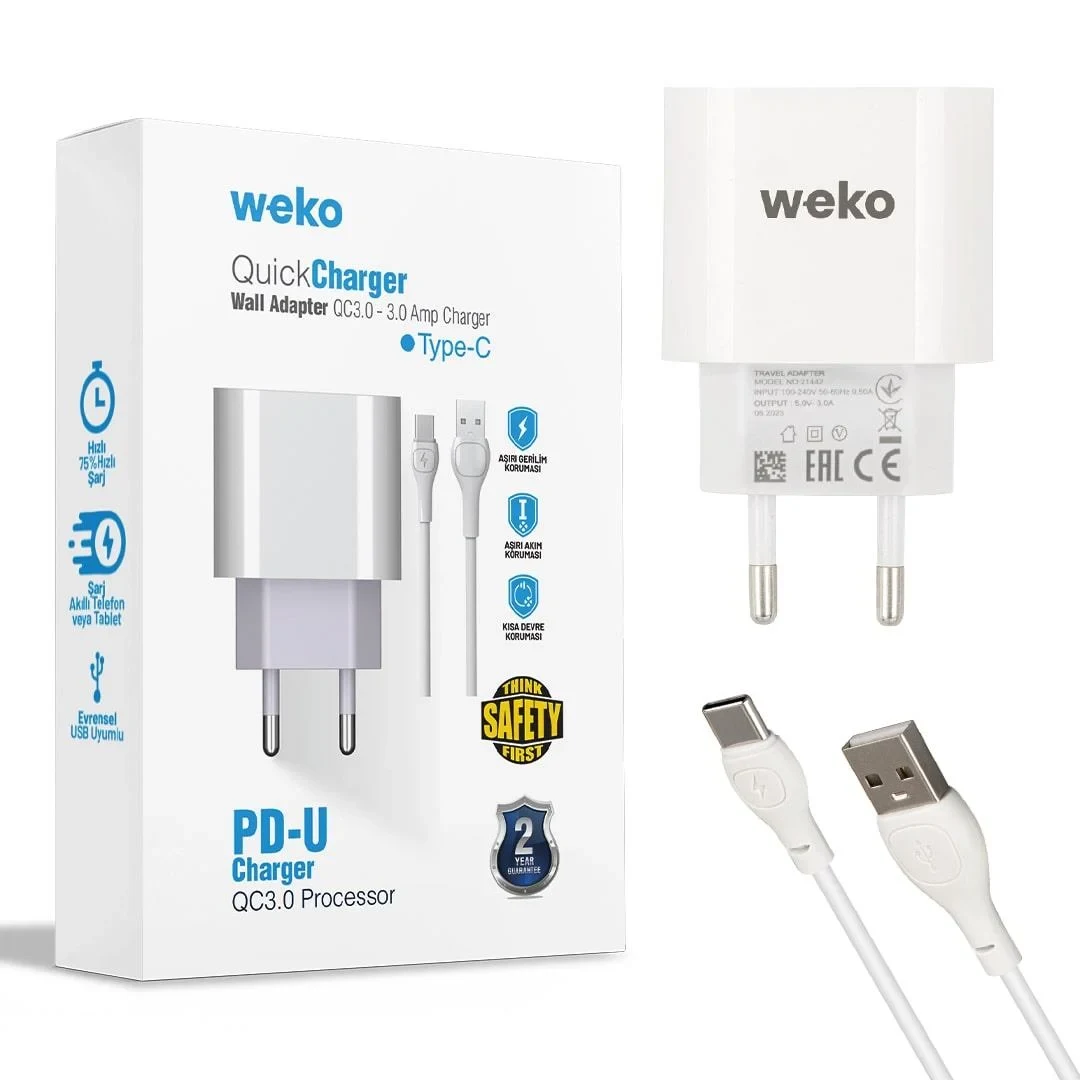 Hızlı Şarj Adaptörü + Type-C Kablo Weko WK-21442 PD-U QC 3.0 3A (Beyaz)