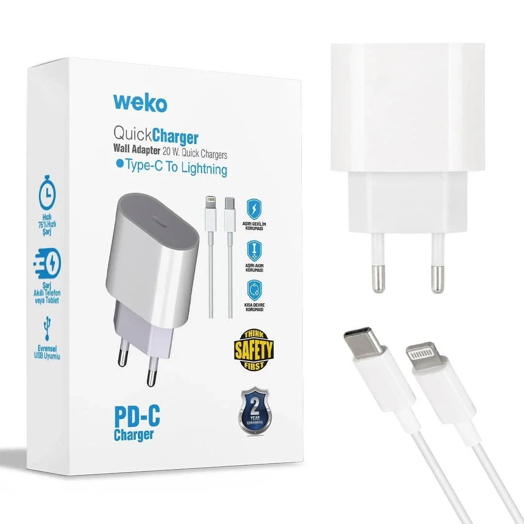 Şarj Adaptörü + Type-C Lightning Kablo - Weko WK-21443 20W PD-C